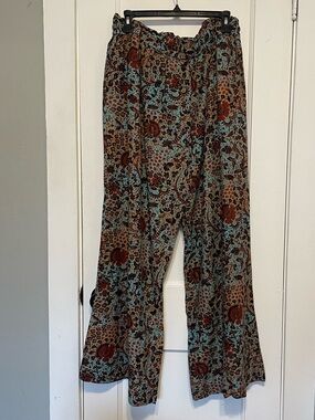 Ulla Johnson Boho Floral Wide-Leg Pants in Brown and Teal. Size large never worn